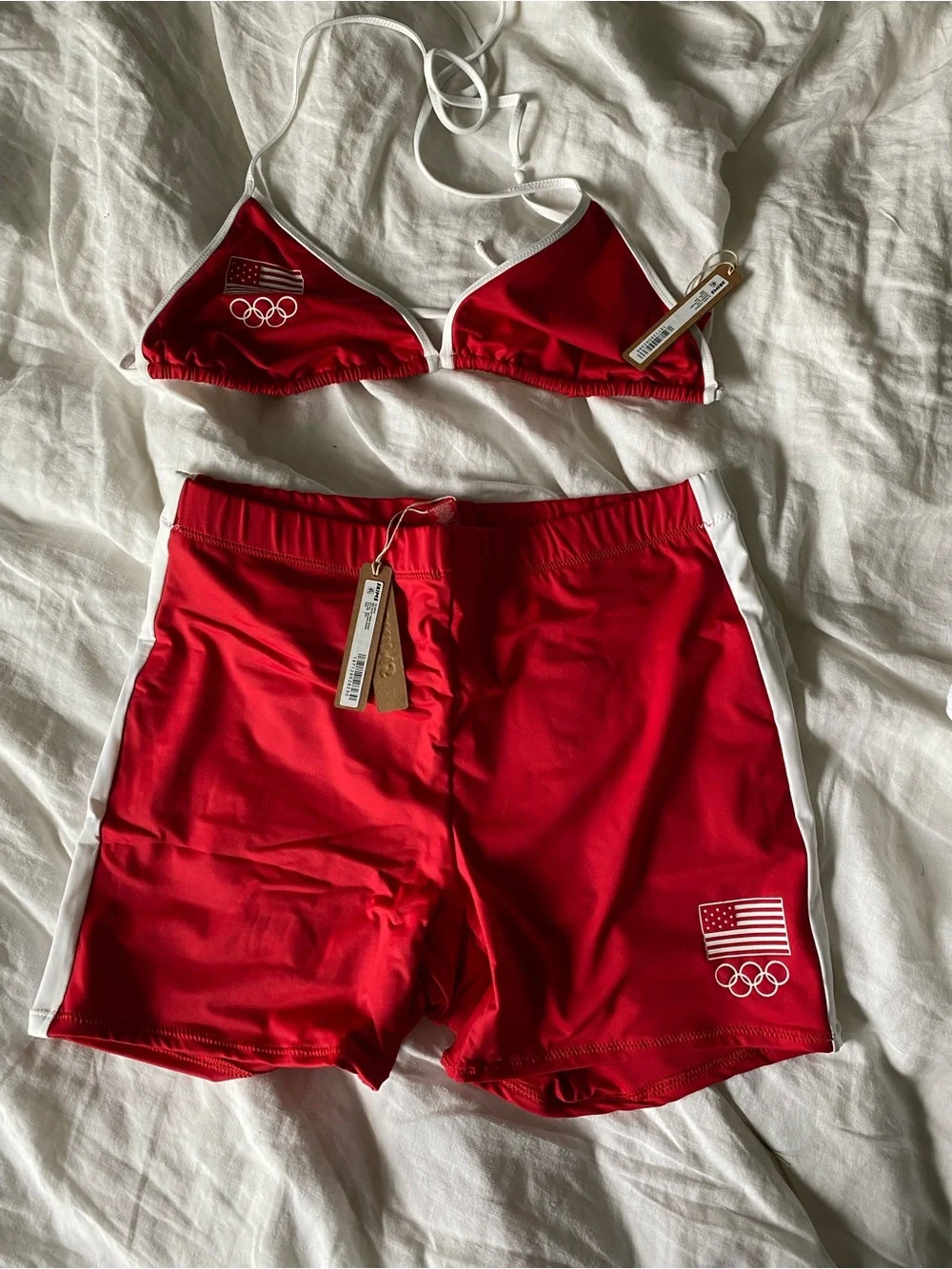 SKIMS Red and White Team USA Bikini Top & Swim Shorts
